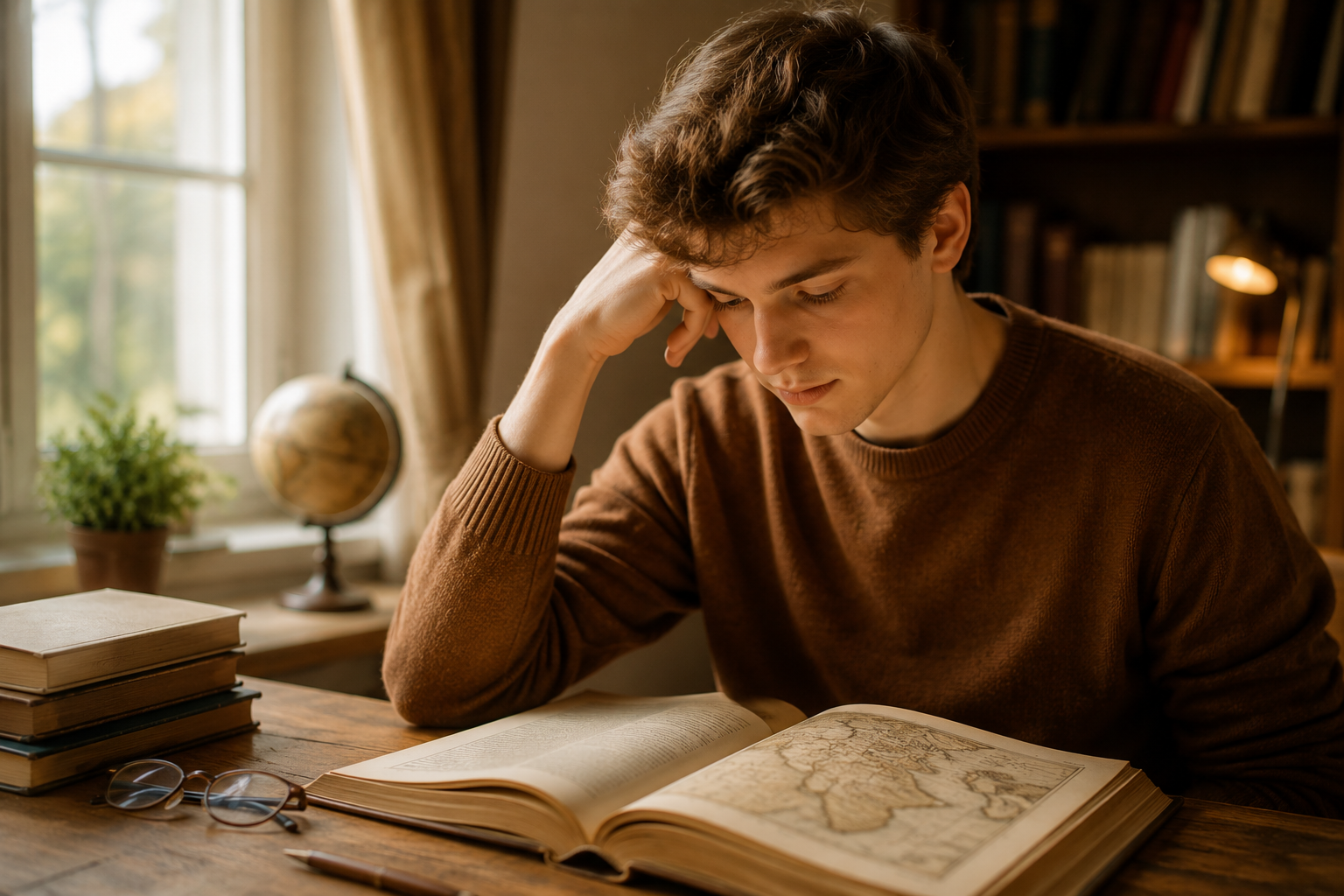 Studente concentrato studia storia su un libro con una mappa antica